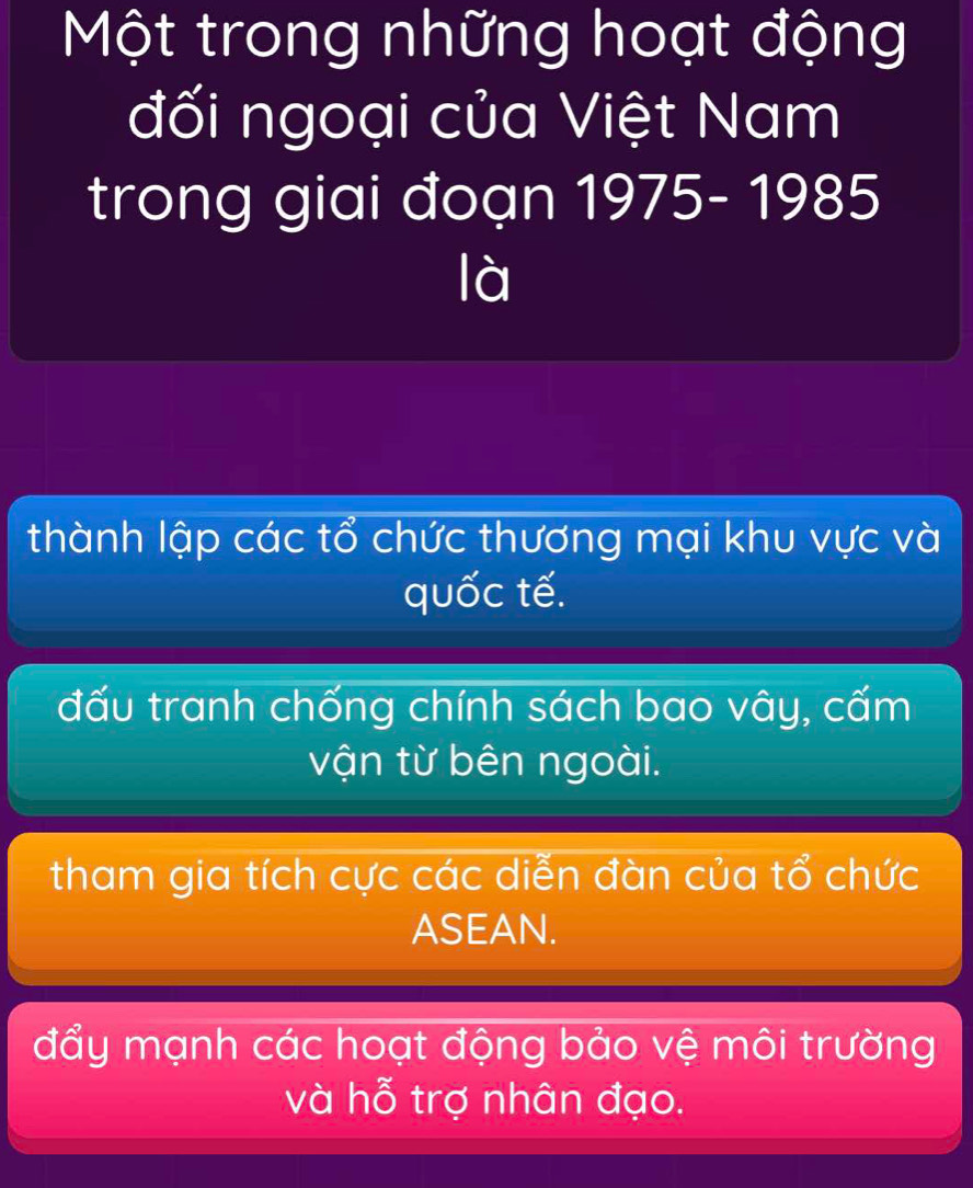 Một trong những hoạt động
đối ngoại của Việt Nam
trong giai đoạn 1975- 1985
là
thành lập các tổ chức thương mại khu vực và
quốc tế.
đấu tranh chống chính sách bao vây, cấm
vận từ bên ngoài.
tham gia tích cực các diễn đàn của tổ chức
ASEAN.
đẩy mạnh các hoạt động bảo vệ môi trường
và hỗ trợ nhân đạo.