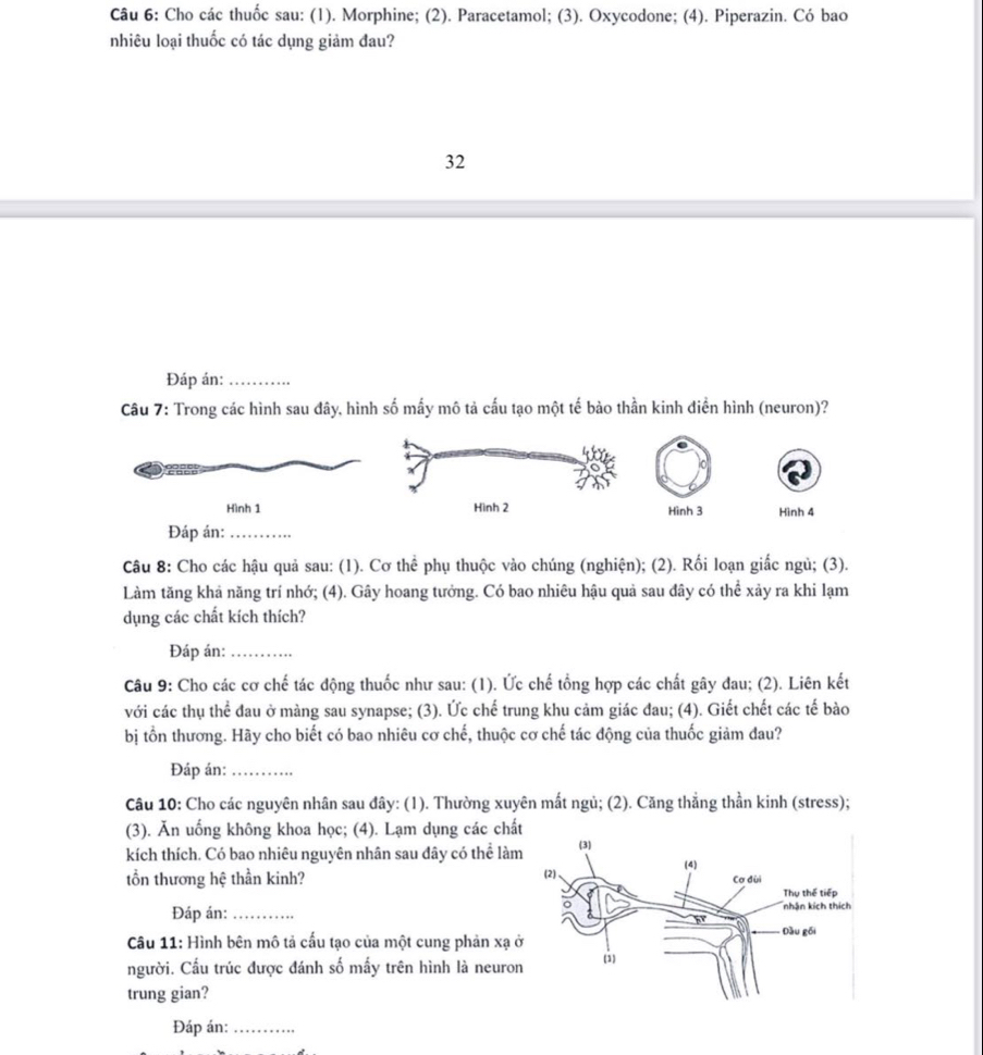 Cho các thuốc sau: (1). Morphine; (2). Paracetamol; (3). Oxycodone; (4). Piperazin. Có bao
nhiêu loại thuốc có tác dụng giảm đau?
32
Đáp án:_
Câu 7: Trong các hình sau dây, hình số mấy mô tả cấu tạo một tế bào thần kinh diền hình (neuron)?
Hình 1 Hình 2 Hình 3 Hình 4
Đáp án:_
Câu 8: Cho các hậu quả sau: (1). Cơ thể phụ thuộc vào chúng (nghiện); (2). Rối loạn giấc ngủ; (3).
Làm tăng khả năng trí nhớ; (4). Gây hoang tưởng. Có bao nhiêu hậu quả sau đây có thể xảy ra khi lạm
dụng các chất kích thích?
Đáp án:_
Câu 9: Cho các cơ chế tác động thuốc như sau: (1). Ức chế tổng hợp các chất gây đau; (2). Liên kết
với các thụ thể đau ở màng sau synapse; (3). Ức chế trung khu cảm giác đau; (4). Giết chết các tế bào
bị tổn thương. Hãy cho biết có bao nhiêu cơ chế, thuộc cơ chế tác động của thuốc giảm đau?
Đáp án:_
Câu 10: Cho các nguyên nhân sau đây: (1). Thường xuyên mất ngủ; (2). Căng thẳng thần kinh (stress);
(3). Ăn uống không khoa học; (4). Lạm dụng các chất
kích thích. Có bao nhiêu nguyên nhân sau dây có thể làm
tổn thương hệ thần kinh? 
Đáp án: _
Câu 11: Hình bên mô tả cấu tạo của một cung phản xạ ở
người. Cầu trúc được đánh số mấy trên hình là neuron
trung gian?
Đáp án:_