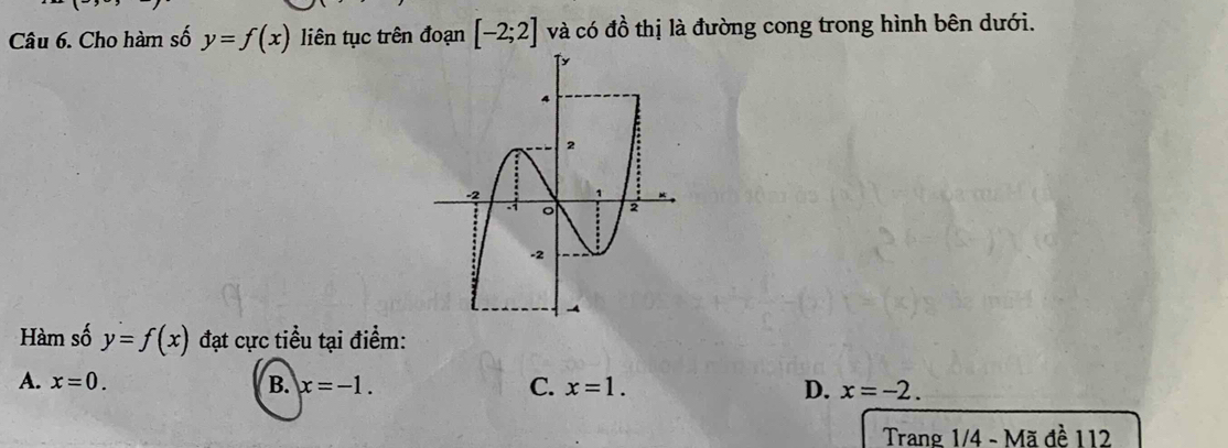 Cho hàm số y=f(x) liên tục trên đoạn [-2;2] và có dhat o - hị là đường cong trong hình bên dưới.
Hàm số y=f(x) đạt cực tiều tại điểm:
A. x=0. B. x=-1. C. x=1. D. x=-2. 
Trang 1/4 - Mã đề 112