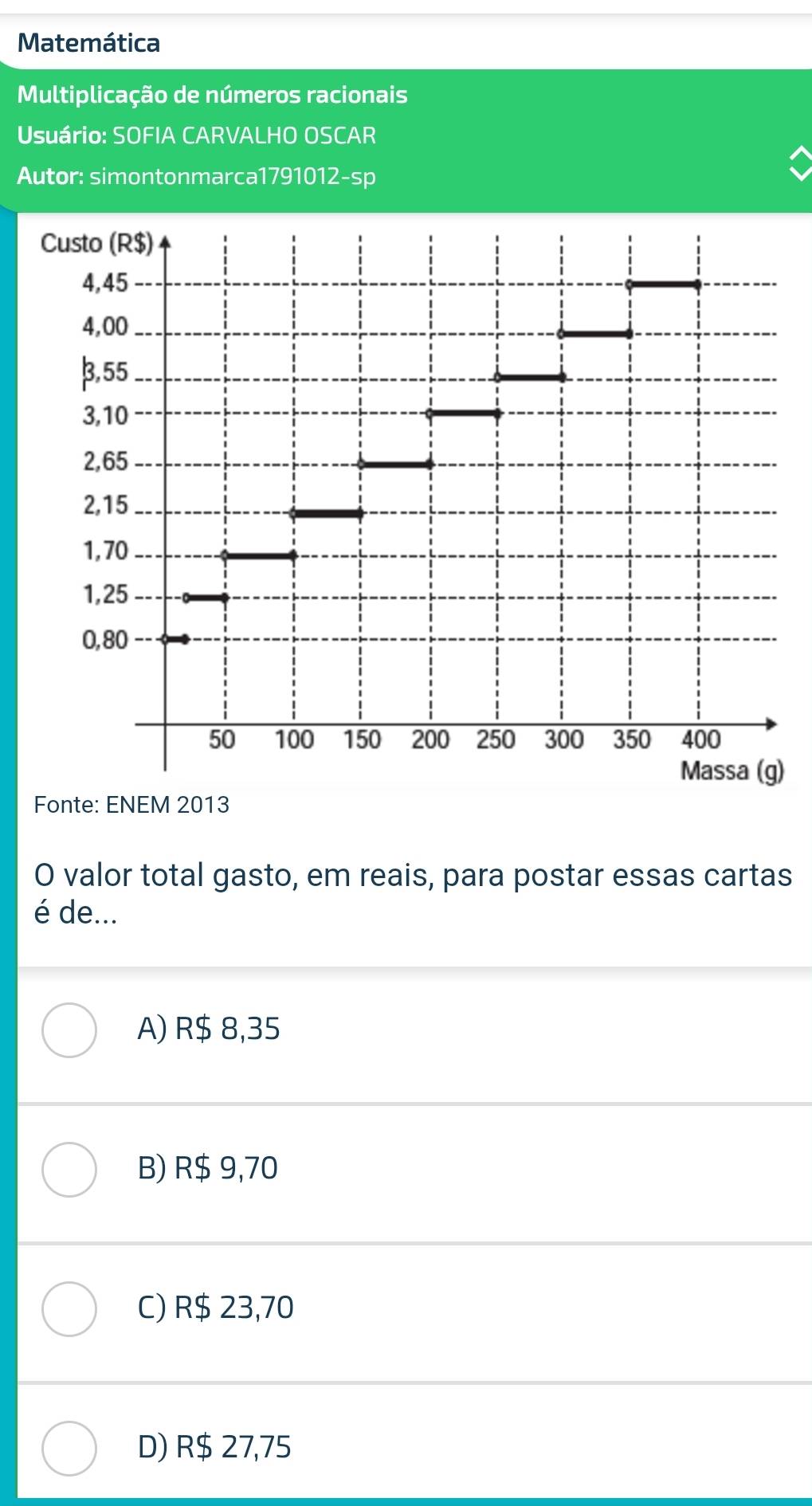 Matemática
Multiplicação de números racionais
Usuário: SOFIA CARVALHO OSCAR
Autor: simontonmarca1791012-sp
Custo (R$)
4,45
4,00
β,55
3,10
2,65
2,15
1, 70
1,25
0,80
50 100 150 200 250 300 350 400
Massa (g)
Fonte: ENEM 2013
O valor total gasto, em reais, para postar essas cartas
é de...
A) R$ 8,35
B) R$ 9,70
C) R$ 23,70
D) R$ 27,75