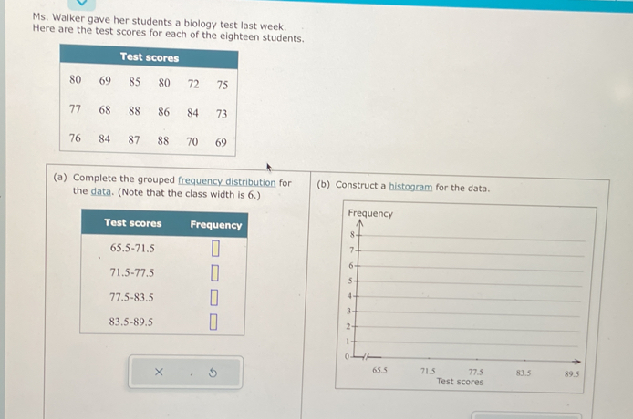 Ms. Walker gave her students a biology test last week. 
Here are the test scores for each of the eighteen students. 
(a) Complete the grouped frequency distribution for (b) Construct a histogram for the data. 
the data. (Note that the class width is 6.) 
× 5