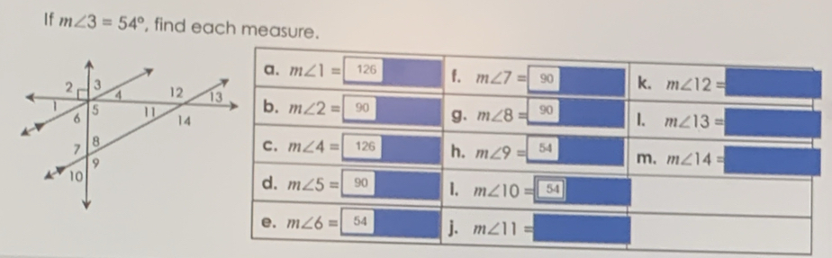 If m∠ 3=54° , find each measure.