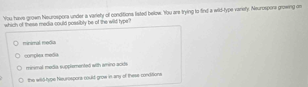 You have grown Neurospora under a variety of conditions listed below. You are trying to find a wild-type variety. Neurospora growing on
which of these media could possibly be of the wild type?
minimal media
complex media
minimal media supplemented with amino acids
the wild-type Neurospora could grow in any of these conditions