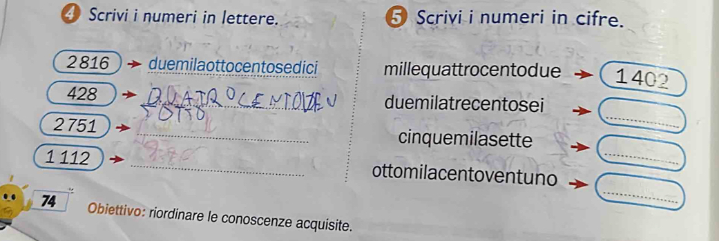 Scrivi i numeri in lettere. 5 Scrivi i numeri in cifre.
2816 duemilaottocentosedici millequattrocentodue 1402
_
428 _duemilatrecentosei 
2 751 _cinquemilasette 
_ 
1 112 _ottomilacentoventuno_ 
74 Obiettivo: riordinare le conoscenze acquisite.