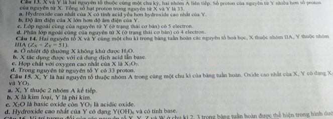 Cầu 13. X và Y là hai nguyên tổ thuộc cúng một chu ký, hai nhóm Á liên tiếp. Số proton của nguyên từ Y nhiều hơn số proton
của nguyên tử X. Tổng số hạt proton trong nguyên tử X và Y là 33.
a. Hydroxide cao nhất của X có tính acid yếu hơn hydroxide cao nhất của Y.
b. Độ âm điện của X lớn hơn độ âm điện của Y.
c. Lớp ngoài cùng của nguyên tử Y (ở trạng thái cơ bản) có 5 electron.
d. Phần lớp ngoài cùng của nguyên tử X (ở trạng thái cơ bản) có 4 electron.
IIIA Cầu 14. Hai nguyên tổ X và Y cùng một chu ki trong bảng tuần hoàn các nguyên tố hoá học, X thuộc nhóm IIA, Y thuộc nhóm
(Z_X+Z_Y=51).
a. Ở nhiệt độ thường X không khử được H_2O.
b. X tác dụng được với cả dung dịch acid lẫn base.
c. Hợp chất với oxygen cao nhất của X là X_2O_7.
d. Trong nguyên tử nguyên tố Y có 33 proton.
Câu 15. X, Y là hai nguyên tổ thuộc nhóm A trong cùng một chu kì của bảng tuần hoàn. Oxide cao nhất của X, Y có dạng X;
và YO_3
a. X, Y thuộc 2 nhóm A kế tiếp.
b. X là kim loại, Y là phi kim.
c. X₂O là basic oxide còn Y O_3 là acidic oxide.
d. Hydroxide cao nhất của Y có dạng Y (OH) và có tính base.
16 Vị trí trơng đổi của các nguễn tổ Y x=11 ở chu kì 2, 3 trong bảng tuần hoàn được thể hiện trong hình dưc