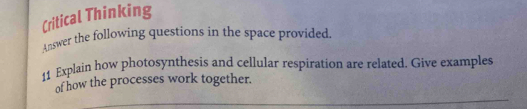 Critical Thinking 
Answer the following questions in the space provided. 
11 Explain how photosynthesis and cellular respiration are related. Give examples 
of how the processes work together. 
_