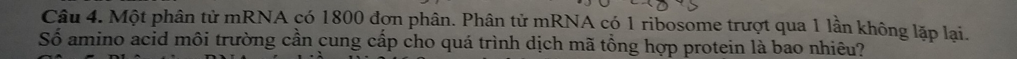 Một phân tử mRNA có 1800 đơn phân. Phân tử mRNA có 1 ribosome trượt qua 1 lần không lặp lại. 
Số amino acid môi trường cần cung cấp cho quá trình dịch mã tổng hợp protein là bao nhiêu?