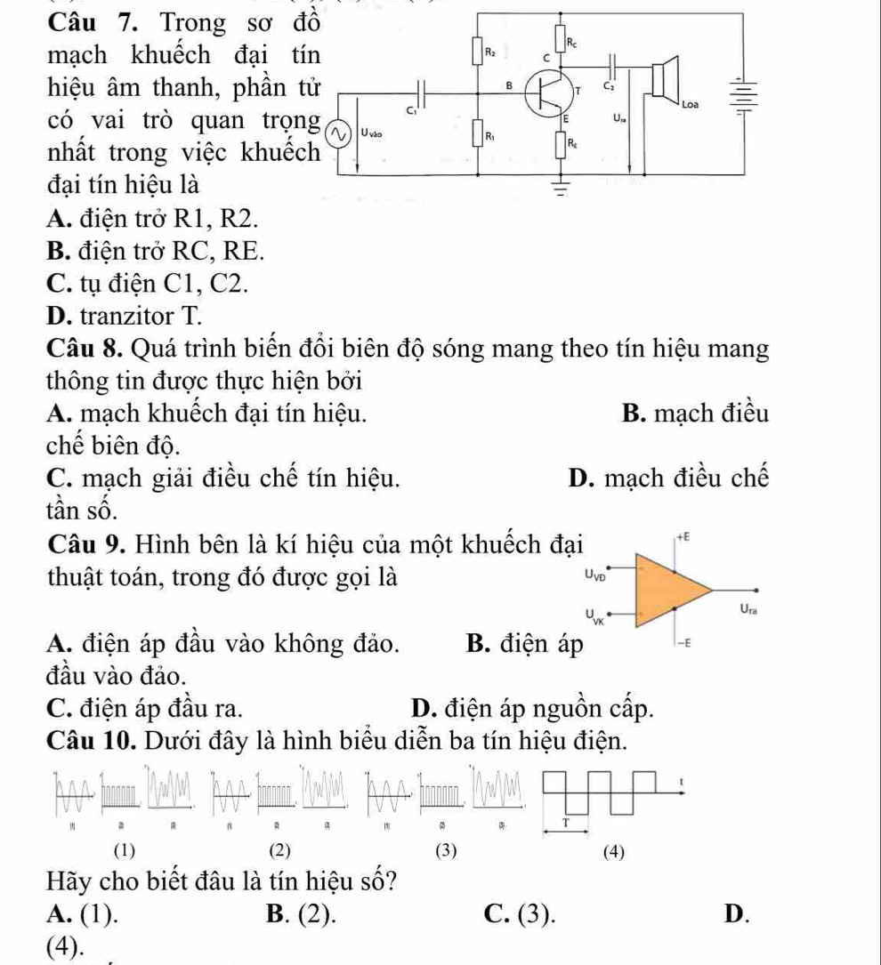 Trong sơ 
mạch khuếch đại t
hiệu âm thanh, phần 
có vai trò quan trọ
nhất trong việc khuế
đại tín hiệu là
A. điện trở R1, R2.
B. điện trở RC, RE.
C. tụ điện C1, C2.
D. tranzitor T
Câu 8. Quá trình biến đổi biên độ sóng mang theo tín hiệu mang
thông tin được thực hiện bởi
A. mạch khuêch đại tín hiệu. B. mạch điều
chế biên độ.
C. mạch giải điều chế tín hiệu. D. mạch điều chế
tần số.
Câu 9. Hình bên là kí hiệu của một khuếch đại
+E
thuật toán, trong đó được gọi là
U_VD
U_VK
U_ra
A. điện áp đầu vào không đảo. B. điện áp
-E
đầu vào đảo.
C. điện áp đầu ra. D. điện áp nguồn cấp.
Câu 10. Dưới đây là hình biểu diễn ba tín hiệu điện.
1
T
(1) (2) (3) (4)
Hãy cho biết đâu là tín hiệu số?
A. (1). B. (2). C. (3). D.
(4).