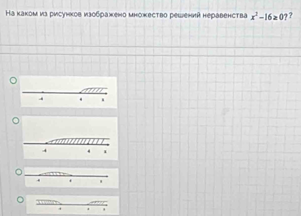 Ка каком из рисунков изображено множество решений неравенства x^2-16≥ 0 ?
-4 4 x
4 . s