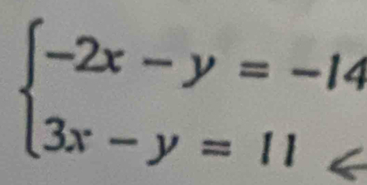 beginarrayl -2x-y=-14 3x-y=11≤slant endarray.