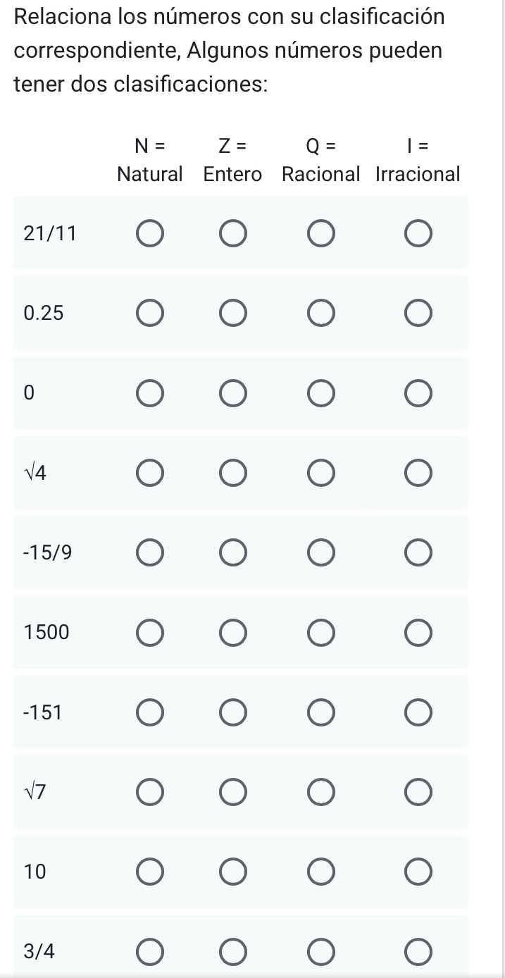 Relaciona los números con su clasificación 
correspondiente, Algunos números pueden 
tener dos clasificaciones:
N= Z= Q= I=
Natural Entero Racional Irracional
21/11
0.25
0
sqrt(4)
-15/9
1500
-151

10
3/4