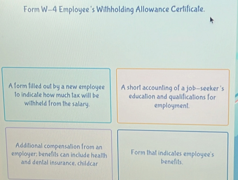 Form W- 4 Employee 's Withholding Allowance Certificate. 
A form filled out by a new employee A short accounting of a job—seeker 's 
to indicate how much tax will be education and qualifications for 
withheld from the salary. employment. 
Additional compensation from an 
employer; benefits can include health Form that indicates employee's 
and dental insurance, childcar 
benefits.