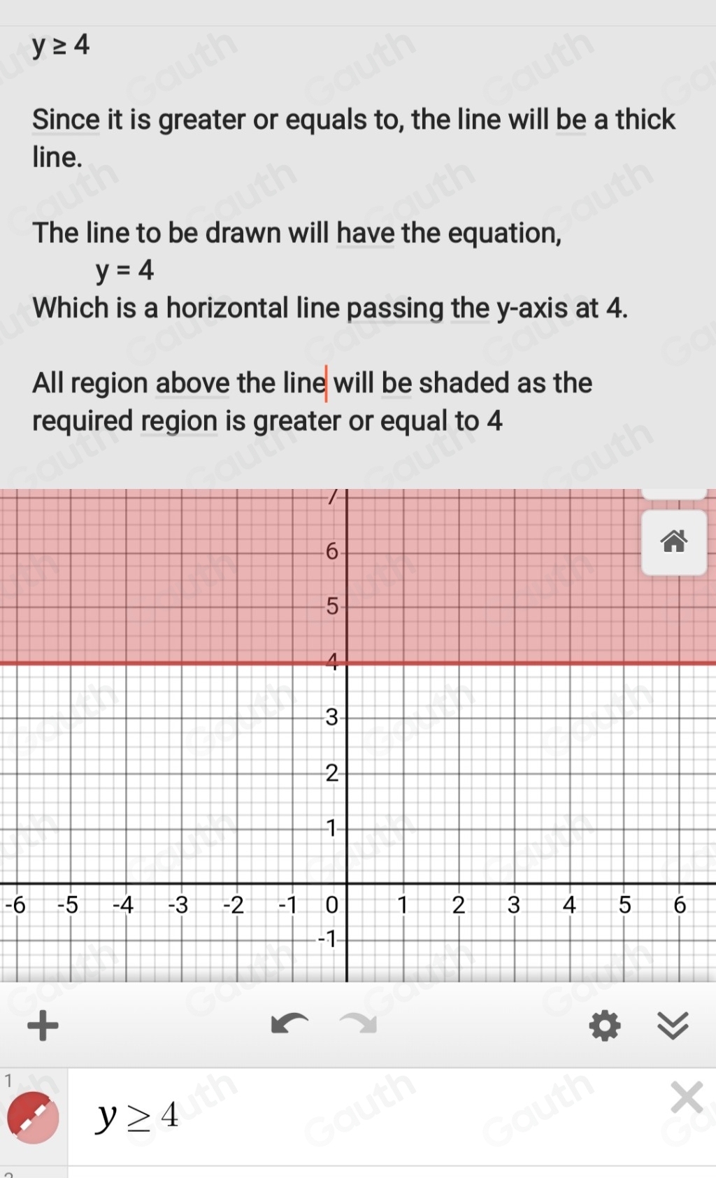 y≥ 4
Since it is greater or equals to, the line will be a thick 
line. 
The line to be drawn will have the equation,
y=4
Which is a horizontal line passing the y-axis at 4. 
All region above the line will be shaded as the 
required region is greater or equal to 4
-6
+
1
y≥ 4