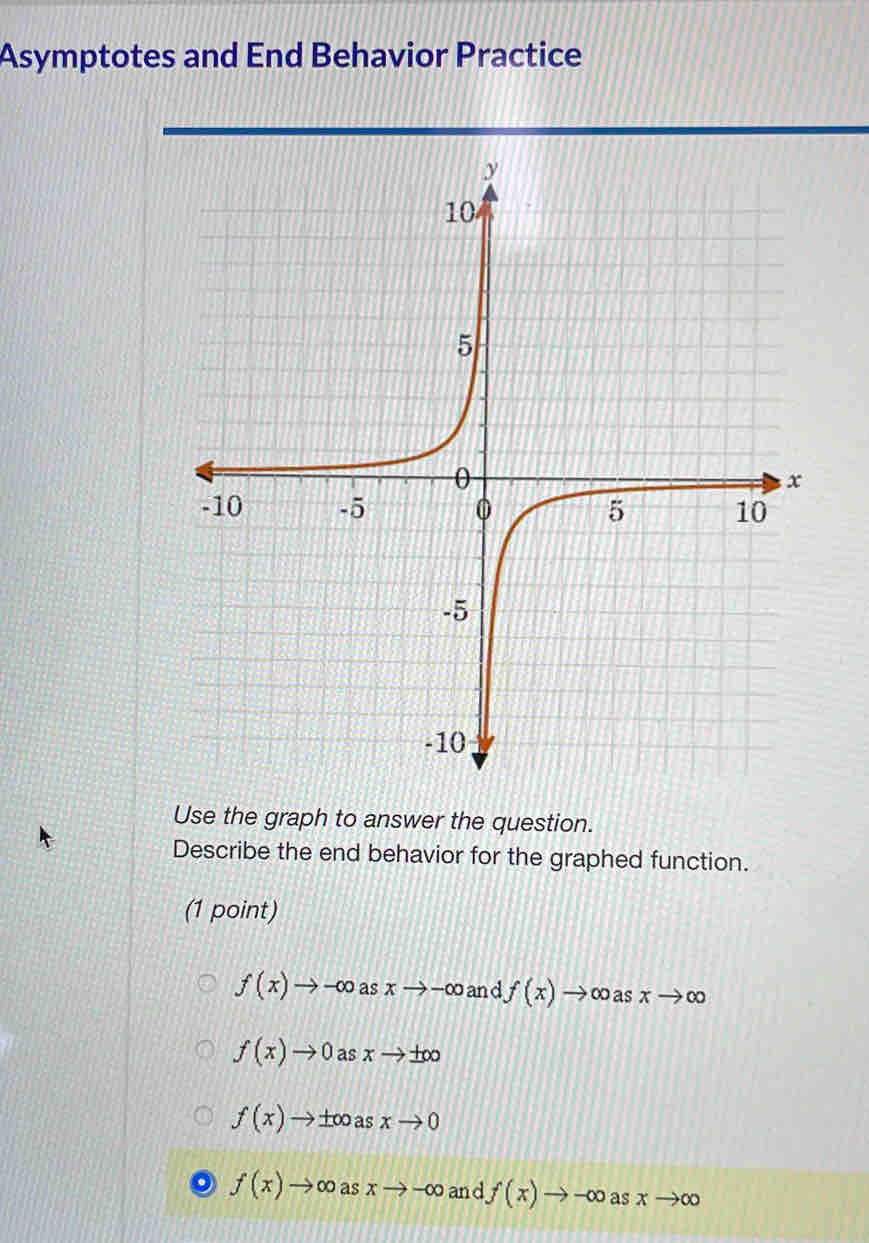 Asymptotes and End Behavior Practice
Use the graph to answer the question.
Describe the end behavior for the graphed function.
(1 point)
f(x)to -∈fty asxto -∈fty and f(x)to ∈fty asxto ∈fty
f(x)to 0 a xto ± ∈fty
f(x)to ± alpha as xto 0
o f(x)to ∈fty as xto -∈fty and f(x)to -∈fty asxto ∈fty