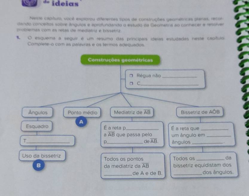 ideias 
Neste capítulo, você explorou diferentes tipos de construções geométricas plaras, recor 
dando conceitos sobre ângulos e aprofundando o estudo da Geometria ao conhecer e resolver 
problemas com as retas de mediatriz e bissetriz. 
1 O esquema a seguir é um resumo das principais ideias estudadas neste capítulo 
Complete-o com as palavras e os termos adequados 
Construções geométricas 
Régua não_ 
_C 
Ángulos Ponto médio Mediatriz de overline AB Bissetriz de △ ÖB 
A 
Esquadro É a reta p_ É a reta que_ 
a overline AB que passa pelo um ângulo em_ 
_T 
de overline AB. 
p_ ângulos_ 
. 
Uso da bissetriz Todos os _da 
Todos os pontos 
B 
da mediatriz da overline AB bissetriz equidístam dos 
_de A e de B. _dos ângulos.