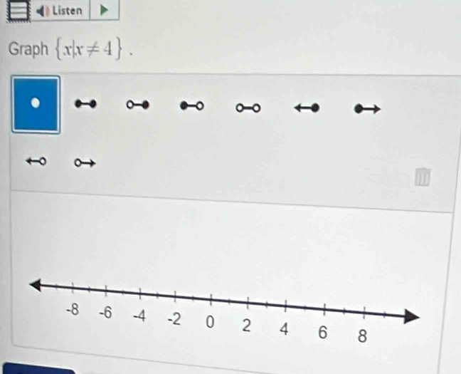 Listen 
Graph  x|x!= 4. 
. 
。 0 -0