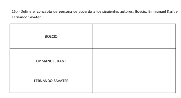 15.- -Define el concepto de persona de acuerdo a los siguientes autores: Boecio, Emmanuel Kant y 
Fernando Savater.