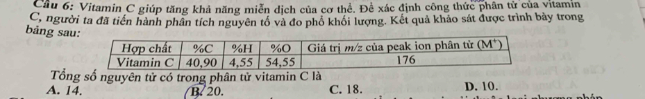 Cầu 6: Vitamin C giúp tăng khả năng miễn dịch của cơ thể. Đề xác định công thức phân tử của vitamin
C, người ta đã tiến hành phân tích nguyên tổ và đo phố khối lượng. Kết quả khảo sát được trình bày trong
bảng sau
Tổng số nguyên tử có trong phân tử vitamin C là
A. 14. B. 20. C. 18. D. 10.