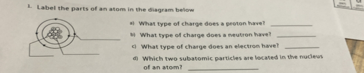 Solved: Label the parts of an atom in the diagram below a) What type of ...