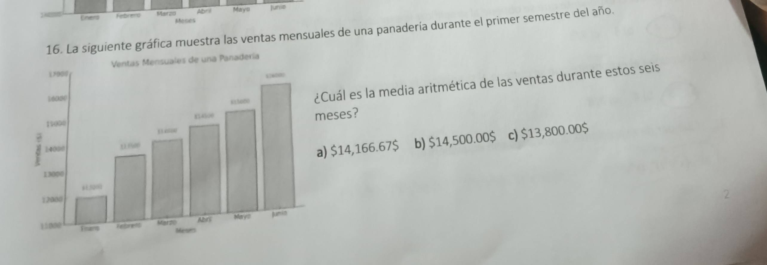 Cnerd Febreno Marzo Abri Mayo Junio
Meses
16. La siguiente gráfica muestra las ventas mensuales de una panadería durante el primer semestre del año.
Ventas Mensuales de una Panadería
1 >900
17620
16000
KEtodO ¿Cuál es la media aritmética de las ventas durante estos seis
15000 K54500
meses?

14000 1800
a) $14,166.67 $ b) $14,500.00 $ c) $13,800.00 $
13000
5200
12080
11000 Fnp Refferend Marz0 Abrt Mays fumin
Mernes