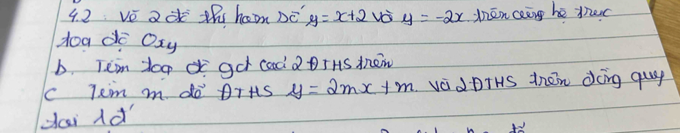 vè ac th hom bè y=x+2 y=-2x Mān ceng hé thec
toa do Oxy
b. Tem doo cget cad2rHs mnem
c Tem m. do g+Hs y=2mx+m vaiDTHS thOn dong guy
dai ld