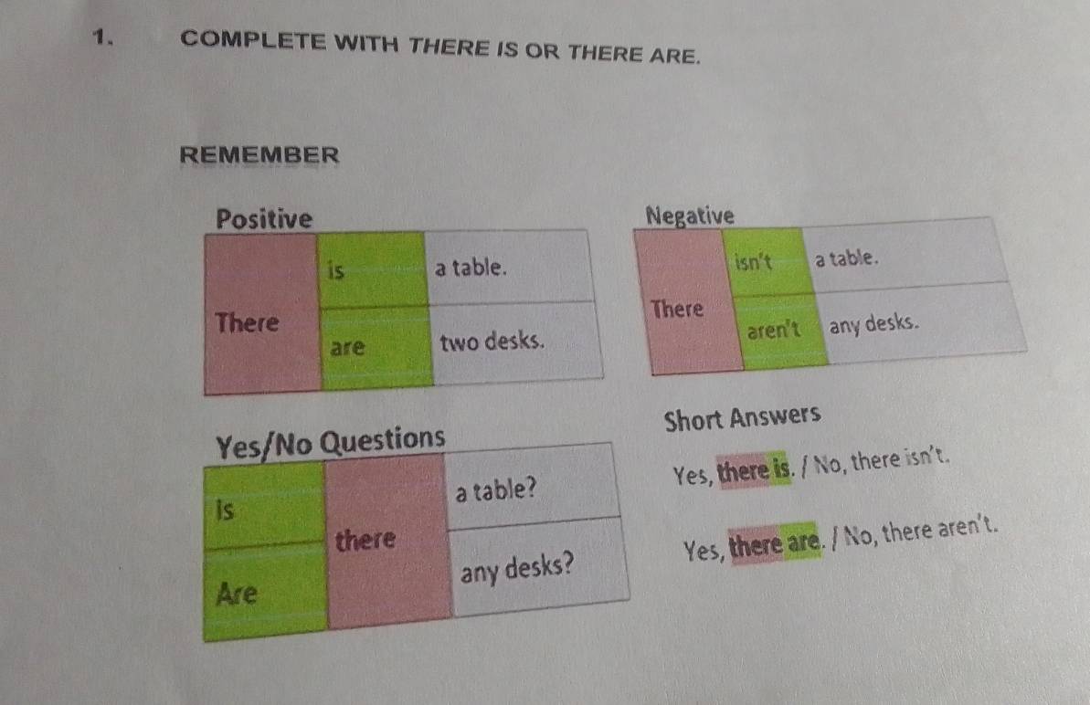 COMPLETE WITH THERE IS OR THERE ARE.
REMEMBER
Yes/No Questions Short Answers
is a table? Yes, there is. / No, there isn't.
there
any desks? Yes, there are. / No, there aren't.
Are