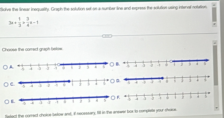 Solve the linear inequality. Graph the solution set on a number line and express the solution using interval nolation.
3x+ 1/3 > 3/4 x-1
Choose the correct graph below. 
Select the correct choice below and, if necessary, fill in the answer box to complete your choice.