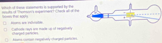 Which of these statements is supported by the
results of Thomson's experiment? Check all of the
boxes that apply.
Atoms are indivisible.
Cathode rays are made up of negatively
charged particles.
Atoms contain negatively charged particles.