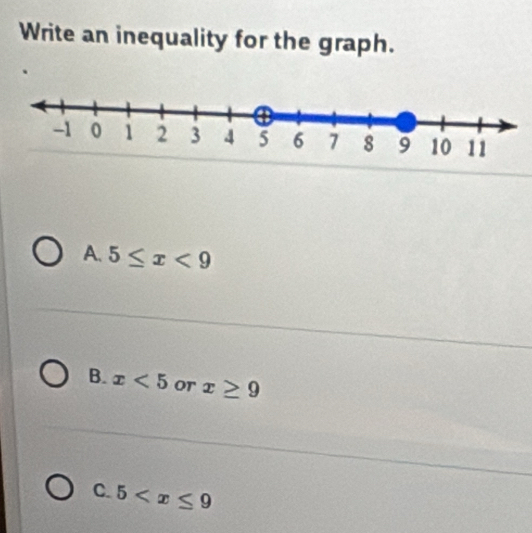 Write an inequality for the graph.
A. 5≤ x<9</tex>
B. x<5</tex> or x≥ 9
C. 5