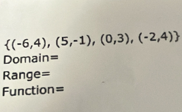  (-6,4),(5,-1),(0,3),(-2,4)
Domain= 
Range= 
Function=