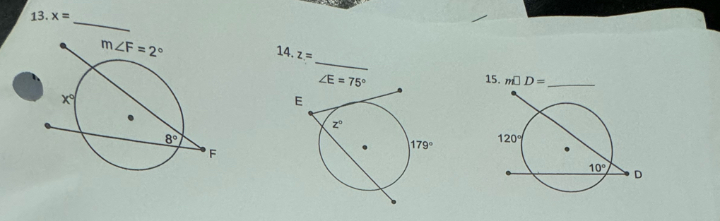 x=
_
14. z=
∠ E=75° 15. m□ D= _
E