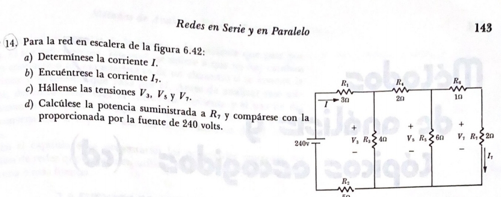 Redes en Serie y en Paralelo
143
14) Para la red en escalera de la figura 6.42:
a) Determínese la corriente I.
b) Encuéntrese la corriente I_7.
c) Hállense las tensiones V_3,V_5 y V_7.
d) Calcúlese la potencia suministrada a R_7 y compárese 
proporcionada por la fuente de 240 volts.