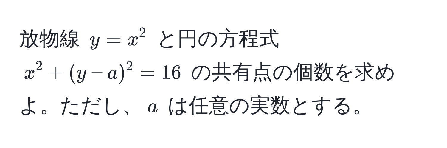 放物線 $y = x^2$ と円の方程式 $x^2 + (y - a)^2 = 16$ の共有点の個数を求めよ。ただし、$a$ は任意の実数とする。