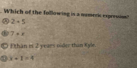 Which of the following is a numeric expression?
2+5
a 7+x
Ethan is 2 years oider than Kyle.
x+1=4