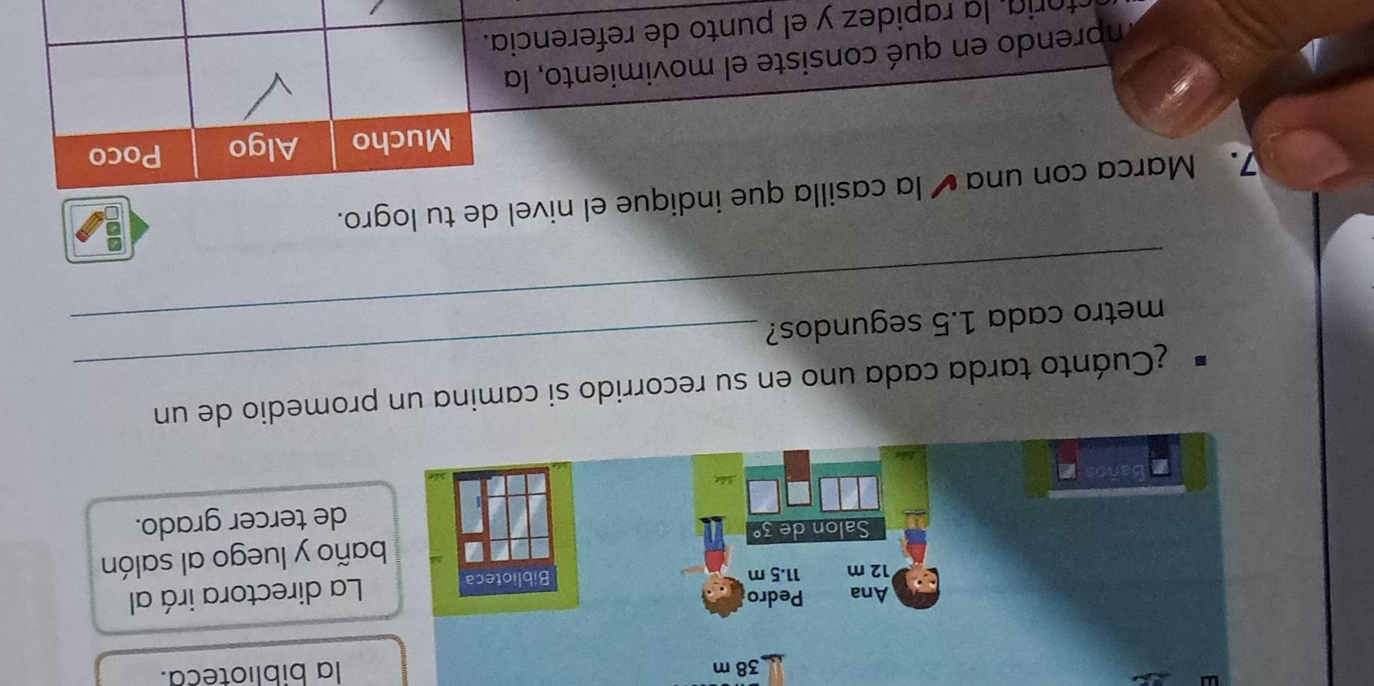 la biblioteca. 
La directora irá al 
año y luego al salón 
de tercer grado. 
_ 
¿Cuánto tarda cada uno en su recorrido si camina un promedio de un 
metro cada 1.5 segundos? 
7. Marca con una ✔ la casilla que indique el nivel de tu logro. 
Mucho Algo Poco 
imprendo en qué consiste el movimiento, la 
oria, la rapidez y el punto de referencia.