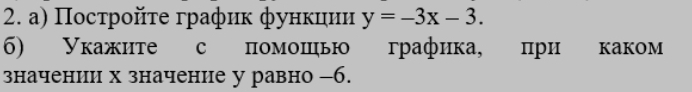 Πосτройτе график фунκции y=-3x-3. 
6) Укажите с помошью графика, при каком 
значении х значение у равно −6.