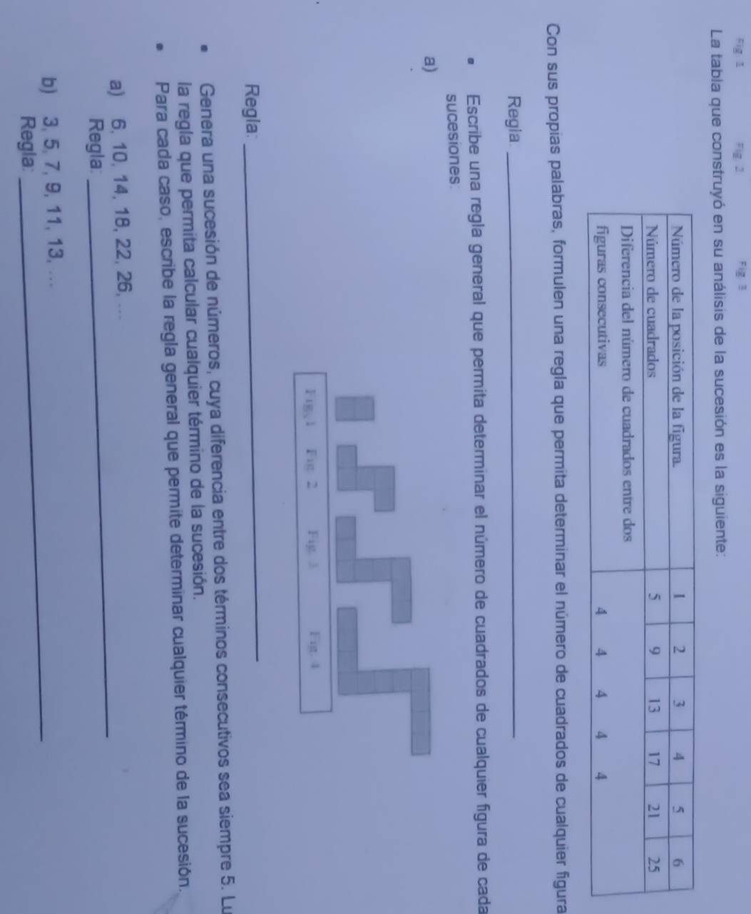 Fig:1 Fig. 2 Fig 3 
La tabla que construyó en su análisis de la sucesión es la siguiente: 
Con sus propias palabras, formulen una regla que permita determinar el número de cuadrados de cualquier figura 
Regia_ 
Escribe una regla general que permita determinar el número de cuadrados de cualquier figura de cada 
sucesiones 
a) 
Regla: 
_ 
Genera una sucesión de números, cuya diferencia entre dos términos consecutivos sea siempre 5. Lu 
la regla que permita calcular cualquier término de la sucesión. 
Para cada caso, escribe la regla general que permite determinar cualquier término de la sucesión. 
a) 6, 10, 14, 18, 22, 26, ... 
Regla: 
_ 
b) 3, 5, 7, 9, 11, 13, ... 
Regla: