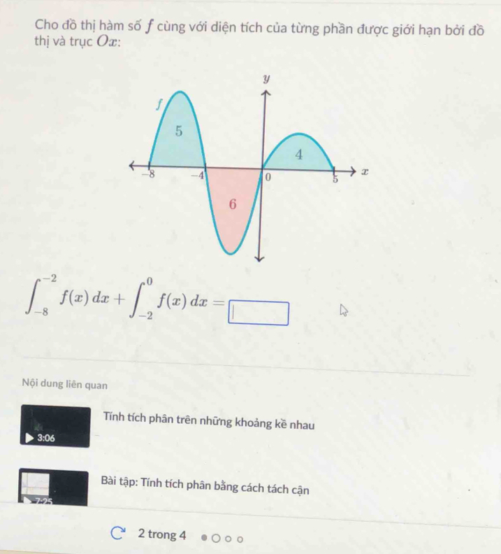 Cho đồ thị hàm số f cùng với diện tích của từng phần được giới hạn bởi đồ 
thị và trục Ox :
∈t _(-8)^(-2)f(x)dx+∈t _(-2)^0f(x)dx=□
Nội dung liên quan 
Tính tích phân trên những khoảng kề nhau 
3:06 
Bài tập: Tính tích phân bằng cách tách cận
2 trong 4