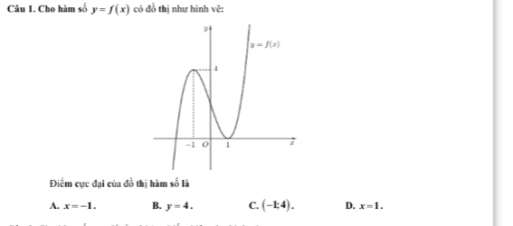 Cho hàm số y=f(x) có đồ thị như hình vẽ:
Điểm cực đại của đồ thị hàm số là
A. x=-1. B. y=4. C. (-1;4). D. x=1.