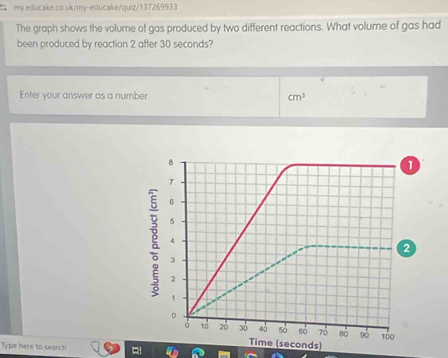 my educake.co.uk/my-educake/quiz/137269933 
The graph shows the volume of gas produced by two different reactions. What volume of gas had 
been produced by reaction 2 after 30 seconds? 
Enter your answer as a number cm^3
Type here to search