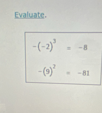 Evaluate.
-(-2)^3=-8
-(9)^2=-81