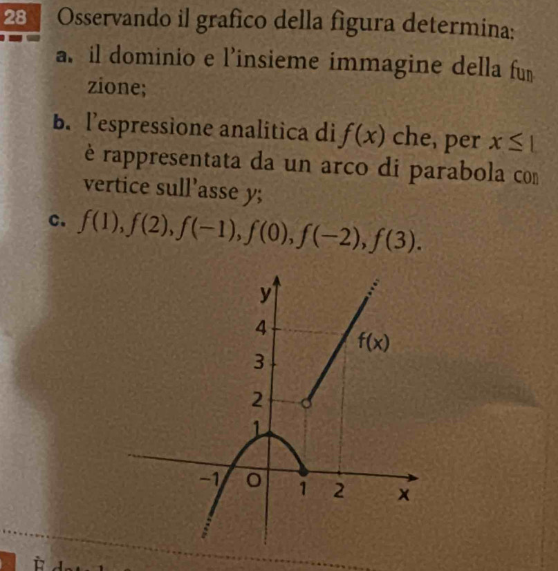 Osservando il grafico della figura determina:
a il dominio e l'insieme immagine della fun
zione;
B. l’espressione analitica di f(x) che, per x≤ 1
è rappresentata da un arco di parabola com
vertice sull’asse y;
c. f(1),f(2),f(-1),f(0),f(-2),f(3).