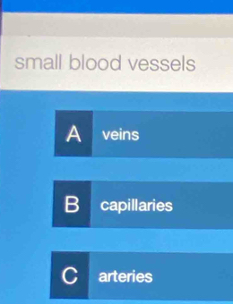 small blood vessels
A veins
B capillaries
arteries