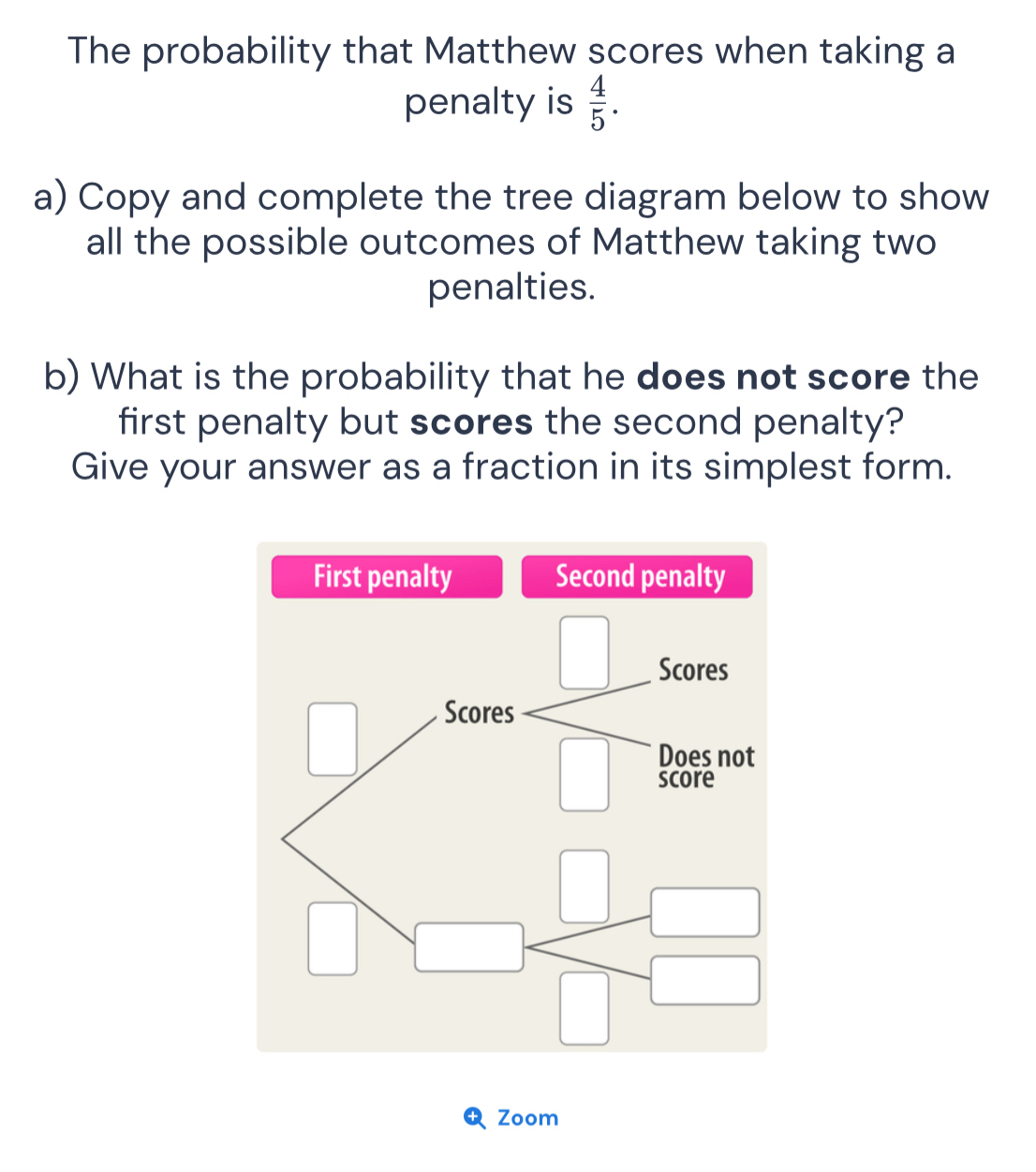 Solved: The probability that Matthew scores when taking a penalty is 4/ ...