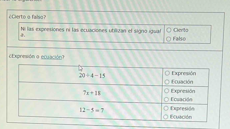 ¿Cierto o falso?
Ni las expresiones ni las ecuaciones utilizan el signo igual Cierto
a.
Falso
¿Expresión o ecuación?