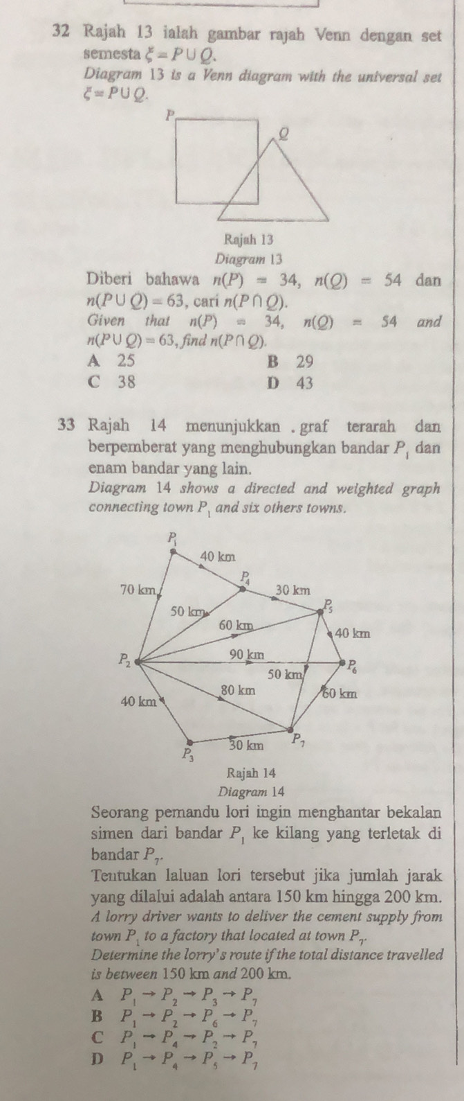 Rajah 13 ialah gambar rajah Venn dengan set
semesta xi =P∪ Q.
Diagram 13 is a Venn diagram with the universal set
xi =P∪ Q.
Rajah 13
Diagram 13
Diberi bahawa n(P)=34,n(Q)=54 dan
n(P∪ Q)=63 , carí n(P∩ Q).
Given that n(P)=34,n(Q)=54 and
n(P∪ Q)=63 , find n(P∩ Q).
A 25 B 29
C 38 D 43
33 Rajah 14 menunjukkan . graf terarah dan
berpemberat yang menghubungkan bandar P_1 dan
enam bandar yang lain.
Diagram 14 shows a directed and weighted graph
connecting town P_1 and six others towns.
Diagram 14
Seorang pemandu lori ingin menghantar bekalan
simen dari bandar P_1 ke kilang yang terletak di
bandar P_7.
Tentukan laluan lori tersebut jika jumlah jarak
yang dilalui adalah antara 150 km hingga 200 km.
A lorry driver wants to deliver the cement supply from
town P_1 to a factory that located at town P_7.
Determine the lorry’s route if the total distance travelled
is between 150 km and 200 km.
A P_1to P_2to P_3to P_7
B P_1to P_2to P_6to P_7
C P_1to P_4to P_2to P_7
D P_1to P_4to P_5to P_7