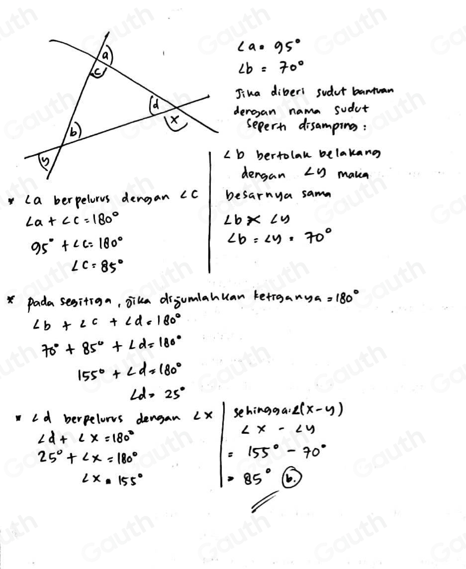 Telah dijawab:Perhatikan gambar berikut: Jika besar sudut a=95° dan