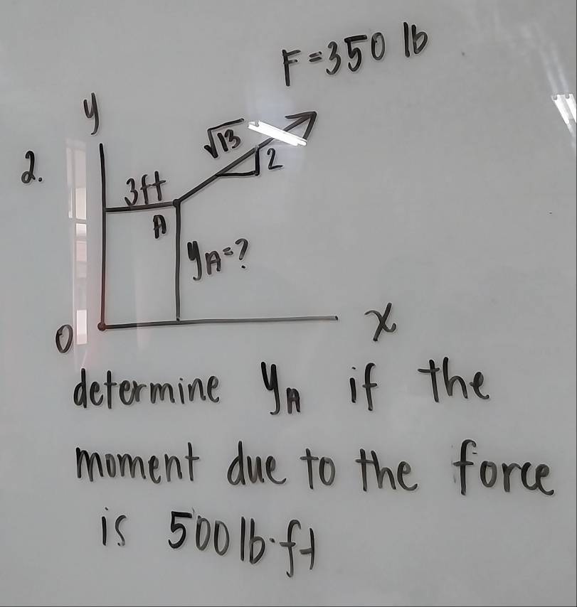 F=350lb
y
d.
sqrt(13) 2
34
y_A=
O
x
determine yn if the 
moment due to the force 
is 50016 f