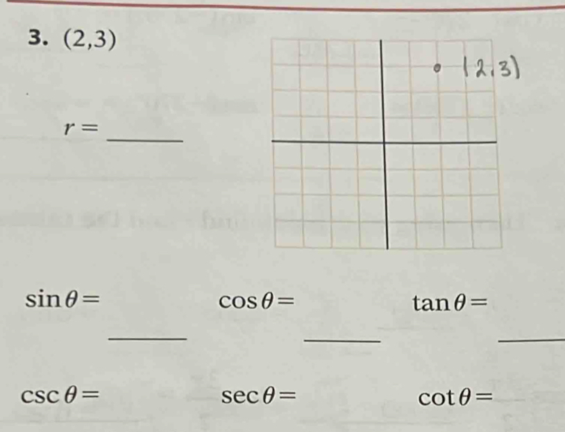 (2,3)
_
r=
sin θ =
cos θ =
tan θ =
_ 
_ 
_
csc θ =
sec θ =
cot θ =