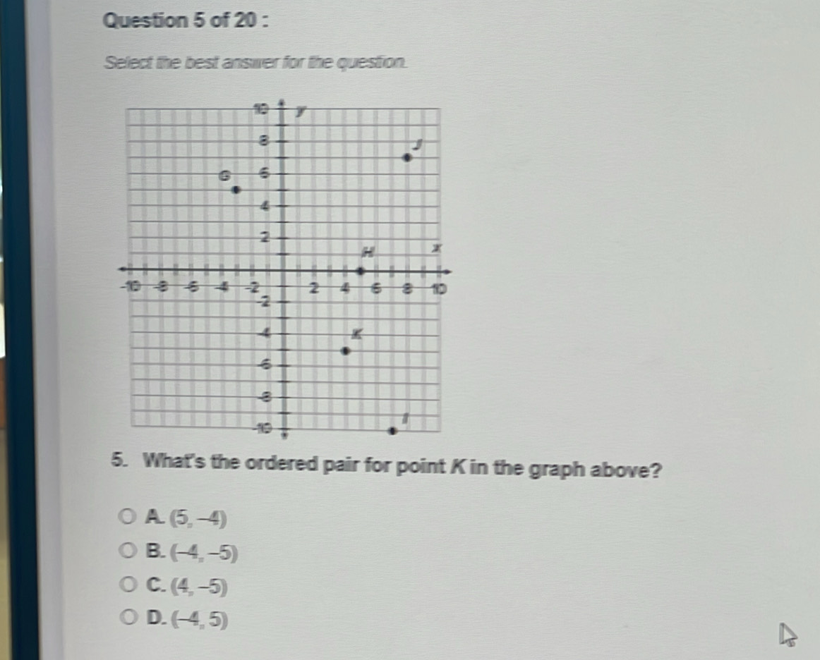 Select the best answer for the question.
5. What's the ordered pair for point K in the graph above?
A (5,-4)
B. (-4,-5)
C. (4,-5)
D. (-4,5)